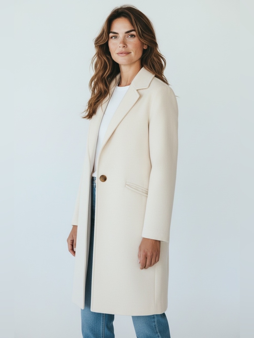 H Halston Off-White Wool Blend Single-Button Trench Coat Size Medium